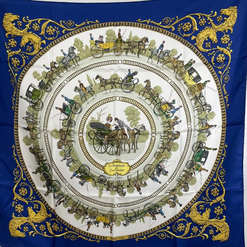 Hermes blue and gold silk scarf